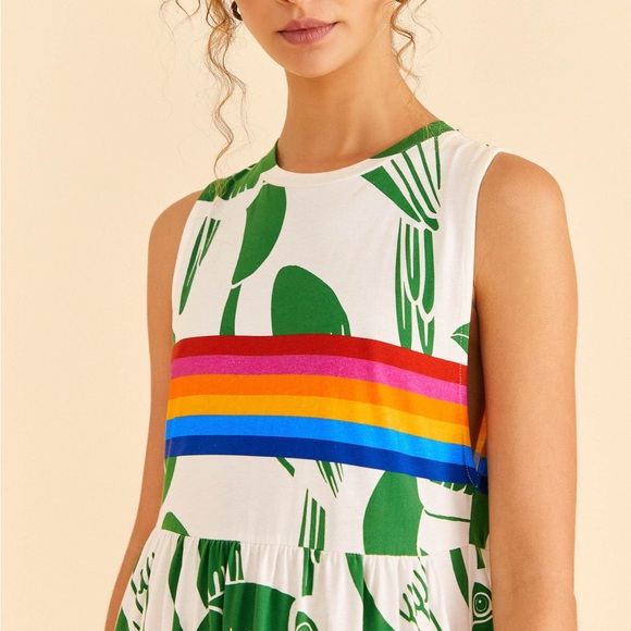 FARM RIO NWT Off-White Rainbow Toucans Organic Cotton Maxi Dress Size Large - Picture 2 of 9